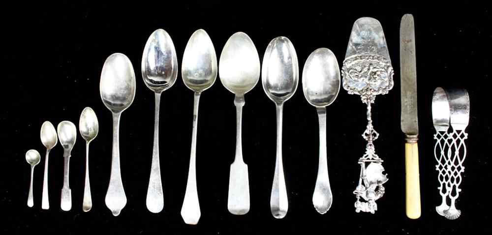 Appraisal: THIRTEEN PIECES SILVER FLATWARE Including marked and unmarked sterling coin