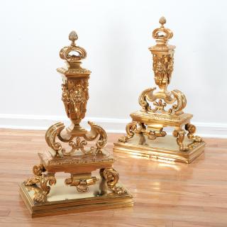 Appraisal: Huge pair Louis XIV style brass andirons Huge pair Louis