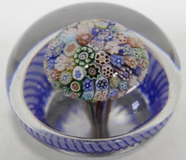 Appraisal: BACCARAT MUSHROOM SHAPED MILLEFIORI PAPERWEIGHT BLUE AND WHITE LATTICINO TORSADE