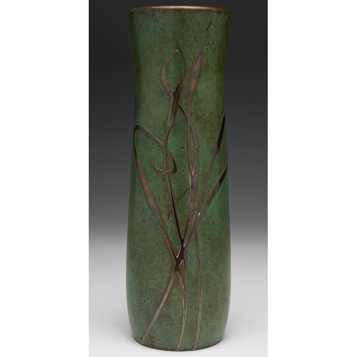 Appraisal: Silver Crest vase sterling decorated bronze applied cattail designs original