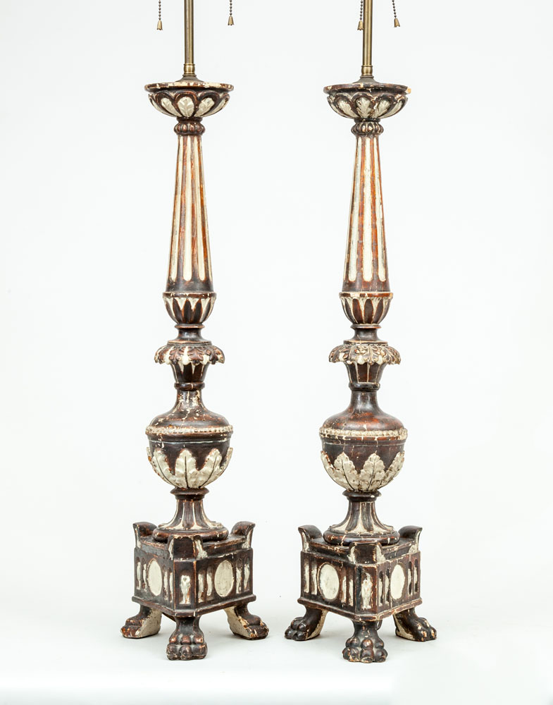 Appraisal: Pair of Italian Baroque Style Painted and Parcel-Gilt Candlestick Lamps