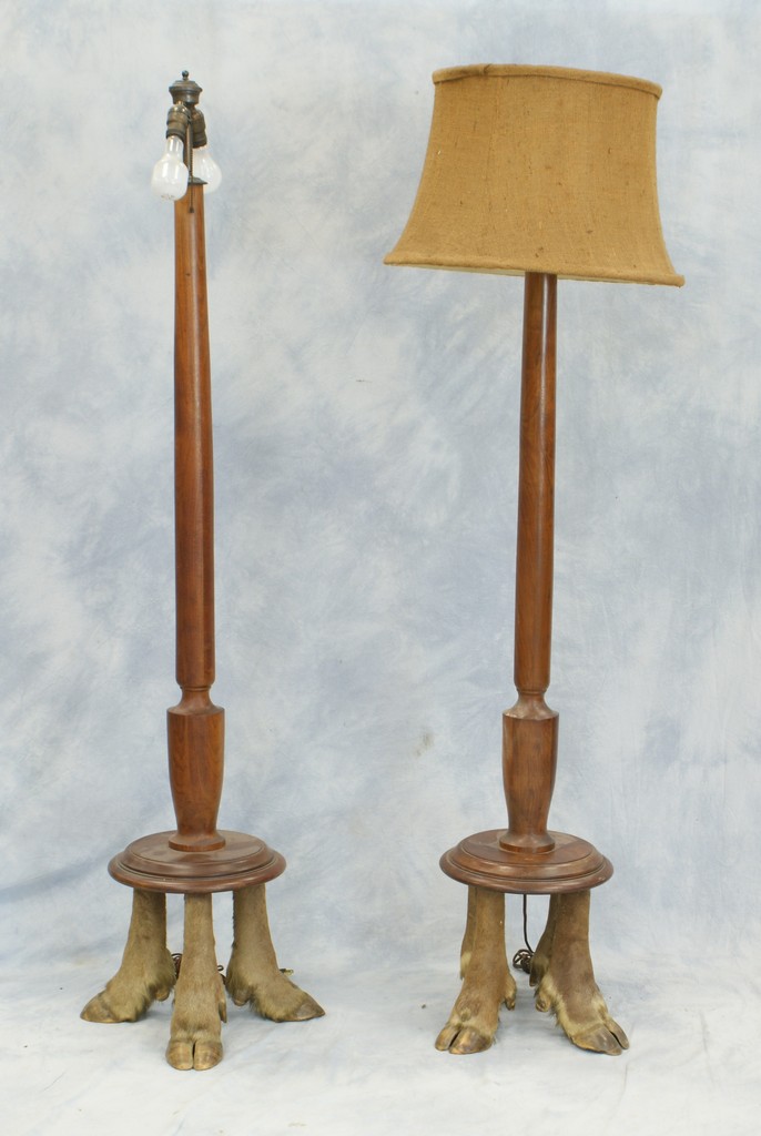 Appraisal: Pr mahogany floor lamps with hoof foot bases Probably elk