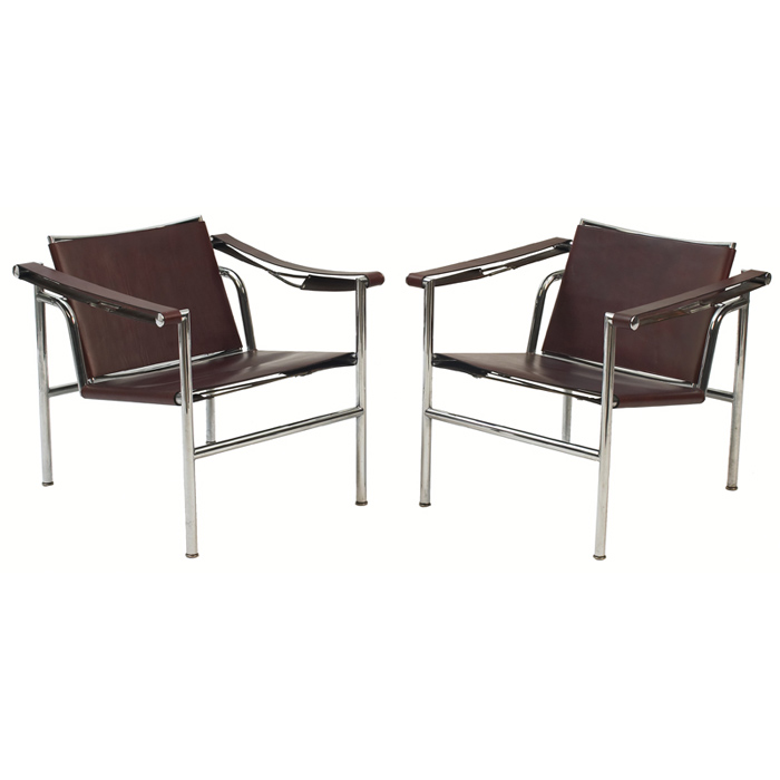 Appraisal: Le Corbusier LC Basculant chairs pair by Cassina original brown