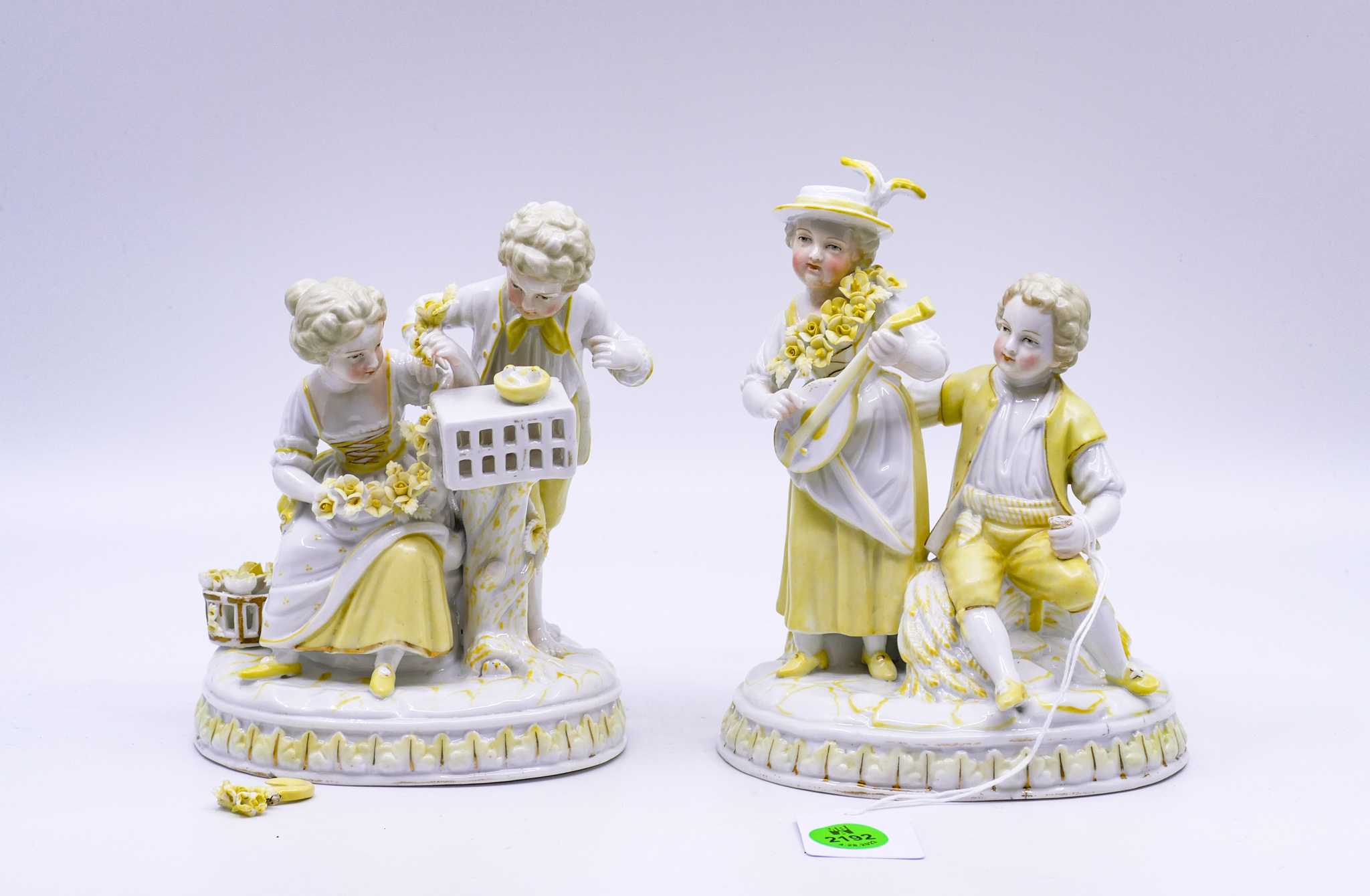 Appraisal: Pair Antique Dresden Yellow Porcelain Figurines- '' approx- some damage