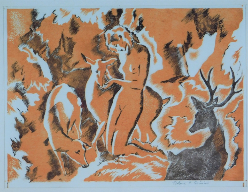 Appraisal: ROLAND COSIMINI MYTHICAL NUDE NYMPH DECO WOODCUT Massachusetts - Depicting