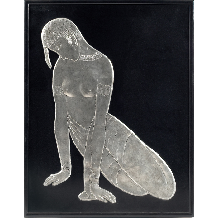 Appraisal: Art Deco style carved panel seated nudein relief with silver