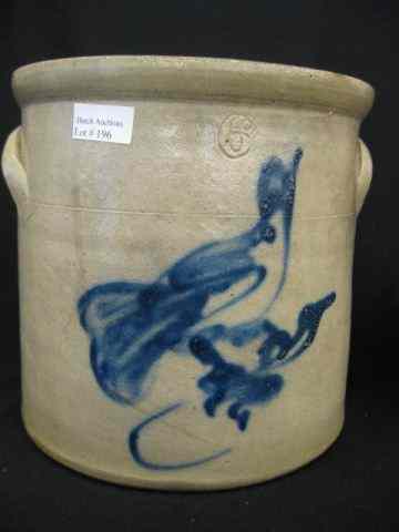 Appraisal: Blue Decorated Stoneware Crock quart bird decor handled '' hairline