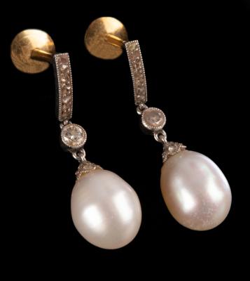 Appraisal: A pair of diamond and pearl drop earrings the pear