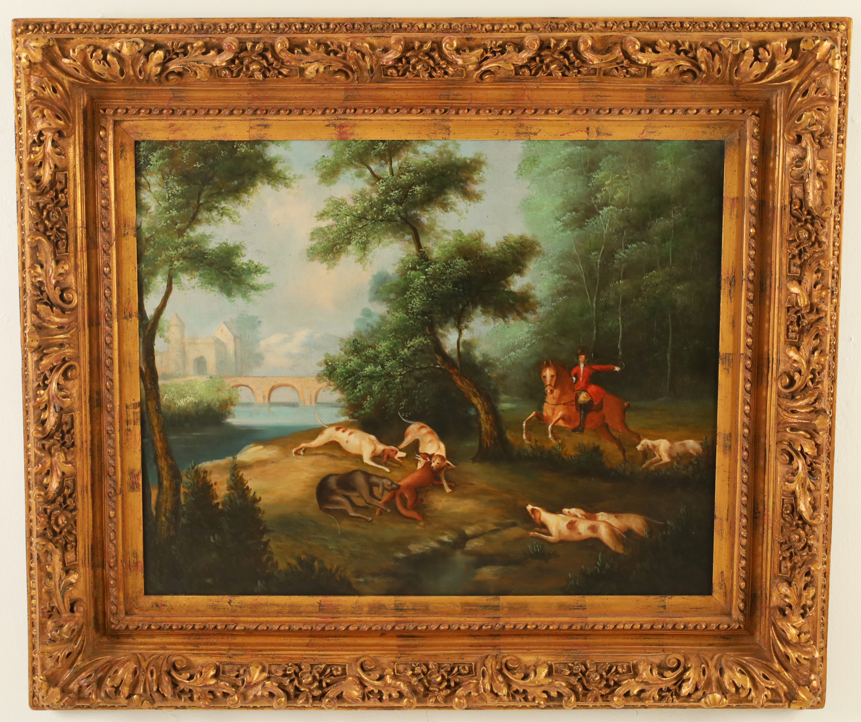 Appraisal: DECORATIVE FRENCH OIL ON CANVAS HUNT SCENE Decorative Gilt framed