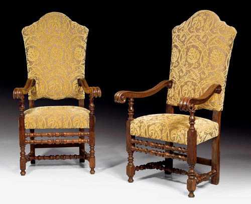 Appraisal: PAIR OF WALNUT ARMCHAIRS Baroque Northern Italy circa With yellow