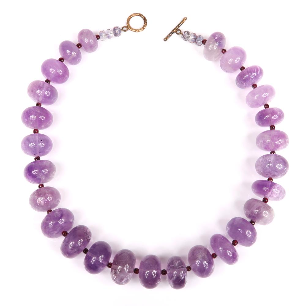 Appraisal: NATURAL POLISHED AMETHYST CHUNKY FLATTENED BEAD GRADUATED KNOTTED CRYSTAL NECKLACE