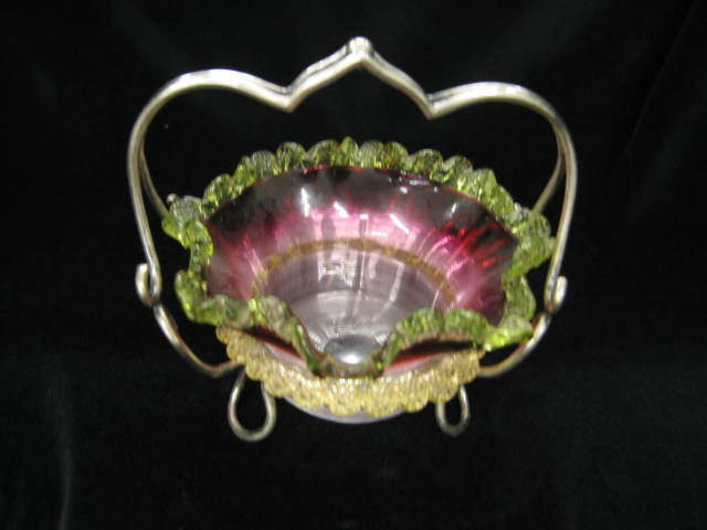 Appraisal: Victorian Art Glass Bowl cranberry vaseline with ribbed base in