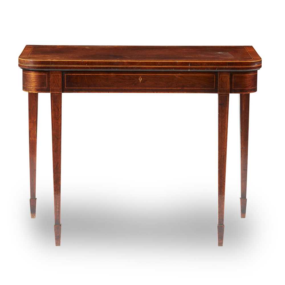 Appraisal: Y LATE GEORGE III ROSEWOOD AND SATINWOOD FOLD-OVER TEA TABLE