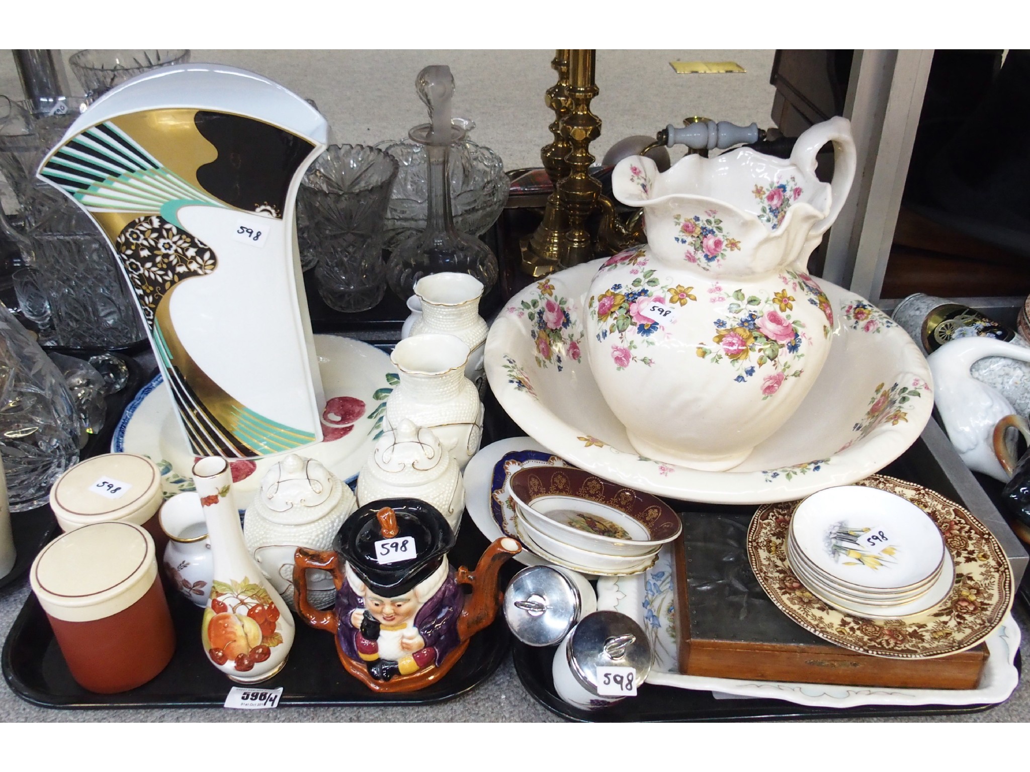 Appraisal: Four trays comprising ironstone pitcher and basin Royal Worcester pin