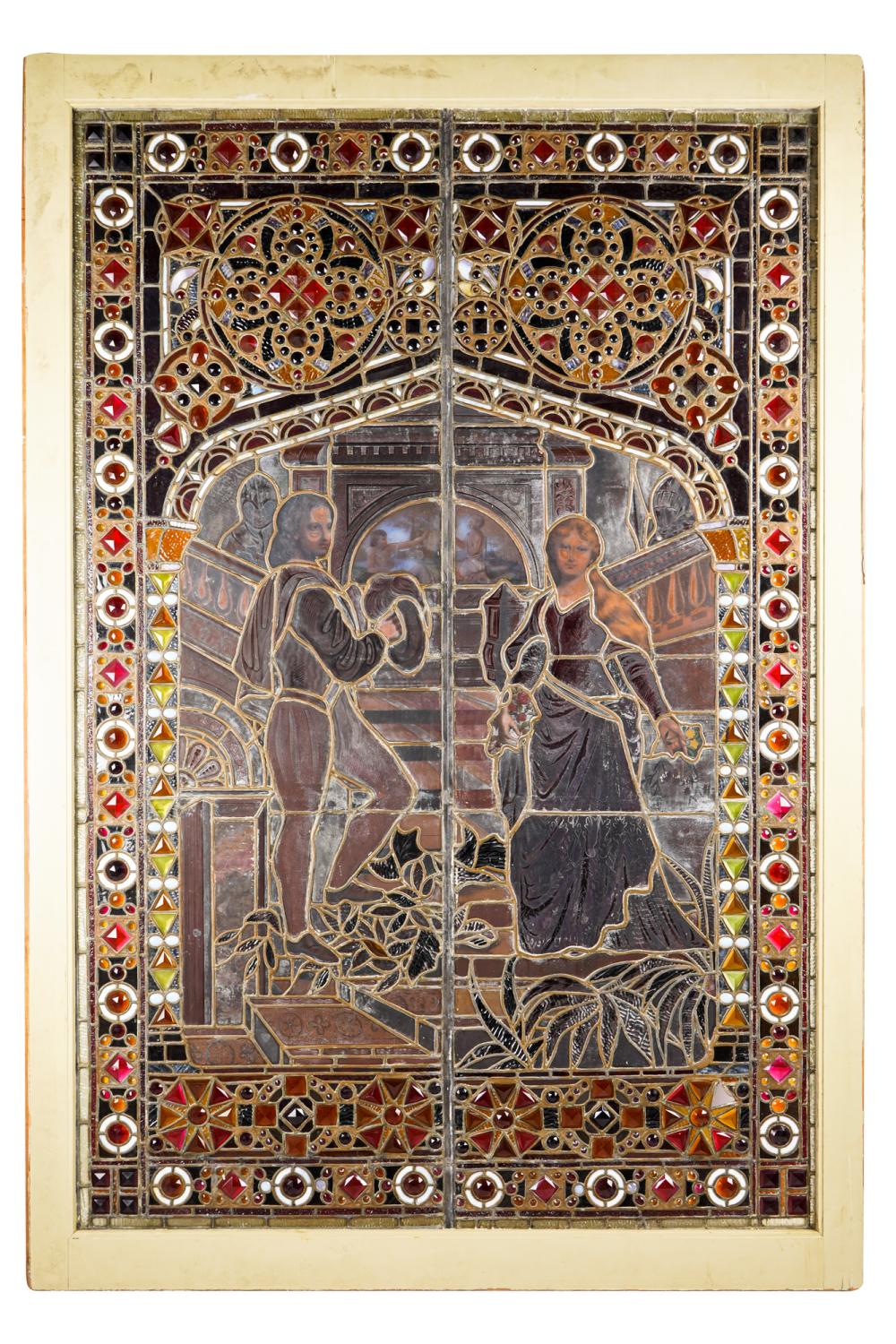 Appraisal: LEADED STAINED GLASS PANELdepicting figures Condition with loss and damage