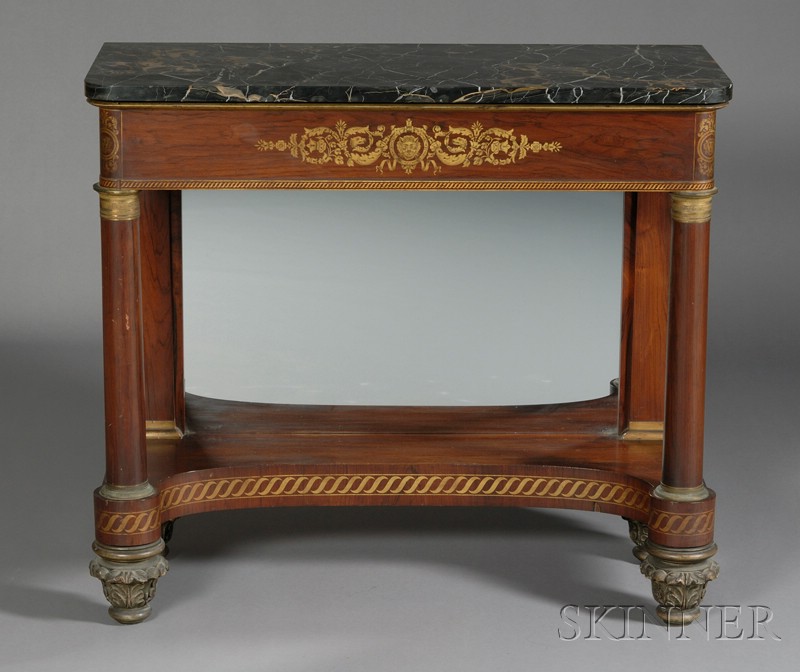 Appraisal: Pair of Classical Rosewood Veneer and Freehand Gilded Mirrored Pier