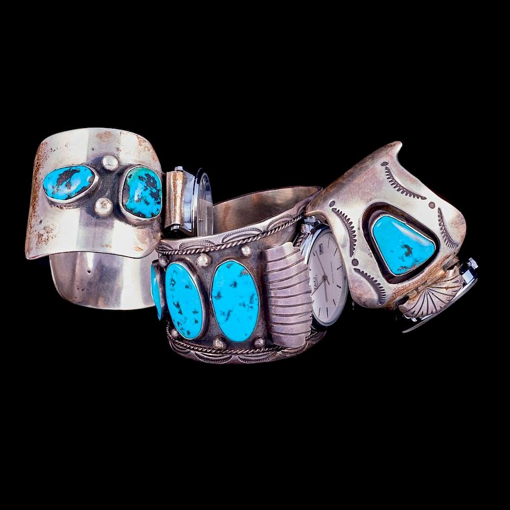 Appraisal: NAVAJO WATCH CUFF BRACELETS Three Old Pawn Southwest turquoise silver