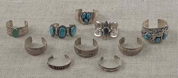 Appraisal: Ten Navajo silver and turquoise bracelets