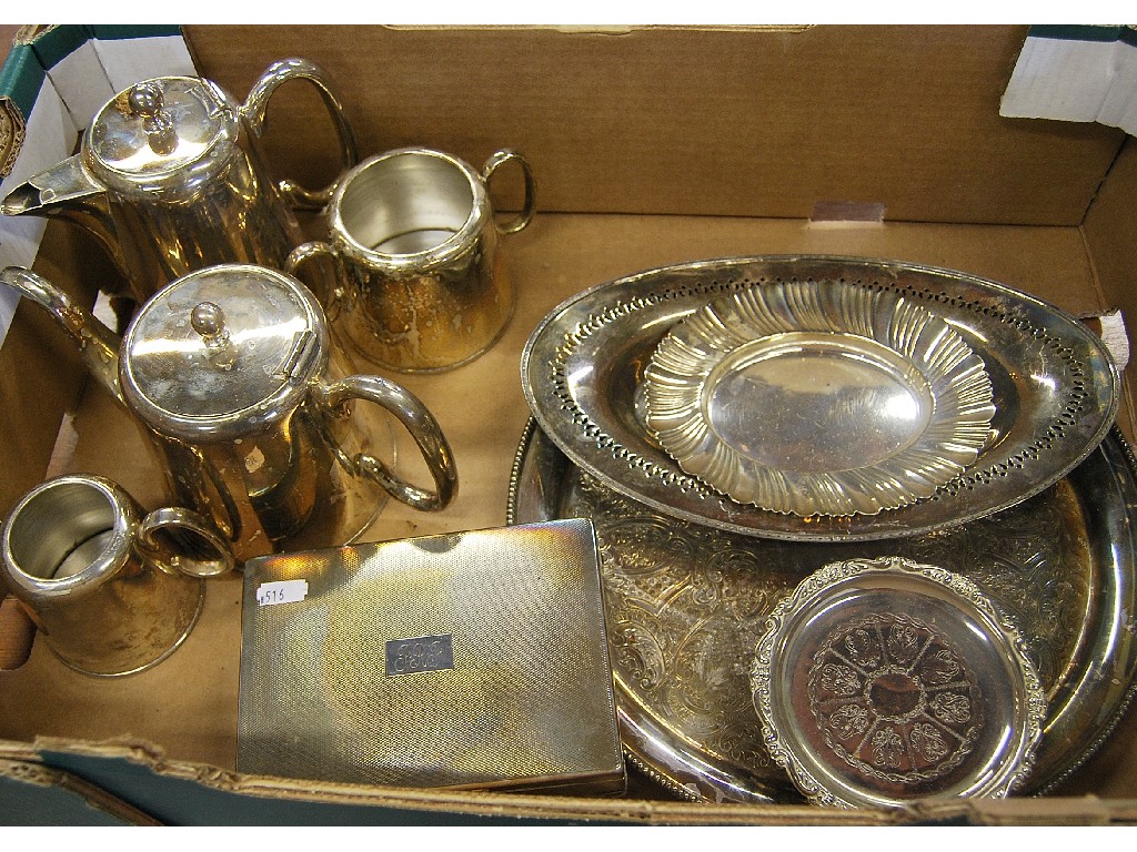 Appraisal: Four piece hotel teaset engine turned cigarette box salver and