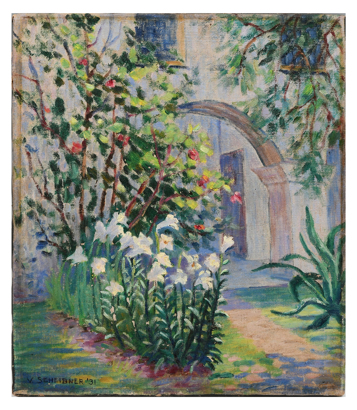 Appraisal: SCHEIBNER Vira American - St Augustine Courtyard with Easter Lilies