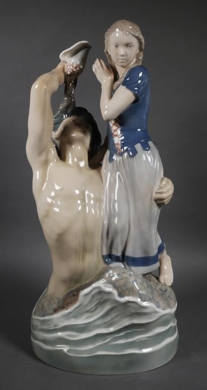 Appraisal: Monumental Royal Copenhagen Porcelain Statue Scene of merman with shell