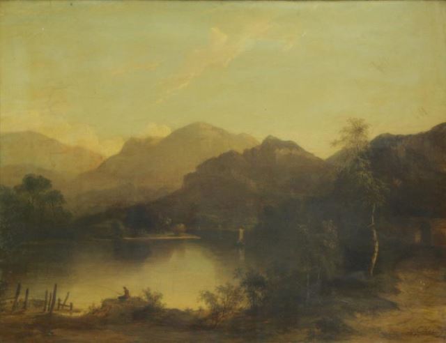 Appraisal: NASMYTH Oil on Canvas Mountain Landscapewith Fisherman Signed and dated