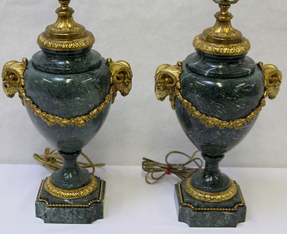 Appraisal: Pair of Fine Quality Bronze Mounted Green Marble Urn Form