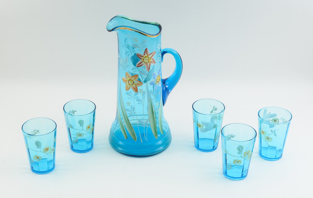 Appraisal: BLUE GLASS ENAMELED LEMONADE SET pieces total blue glass enameled