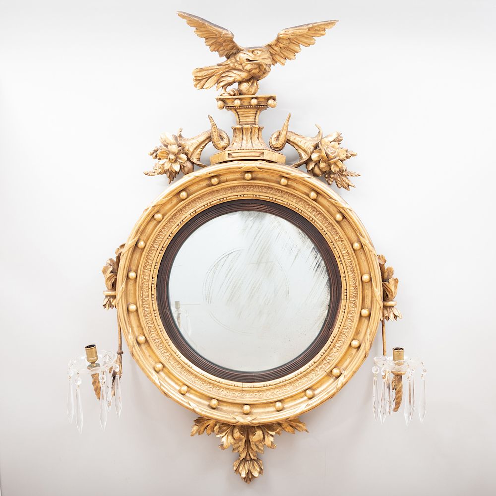 Appraisal: Federal Giltwood Convex Girandole Mirror Fitted with two candle branches