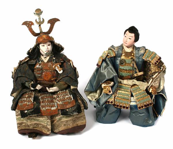 Appraisal: Four seated musha ningyo warrior dolls Each with carved wooden