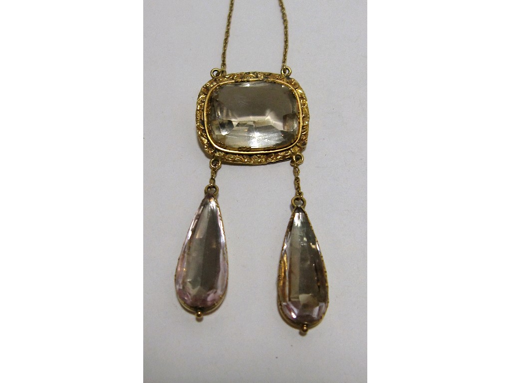 Appraisal: Victorian yellow metal stone set plaque pendant with two suspended