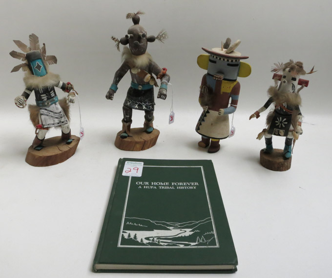 Appraisal: FOUR HOPI KACHINA DOLLS AND HUPA BOOK titled Our Home