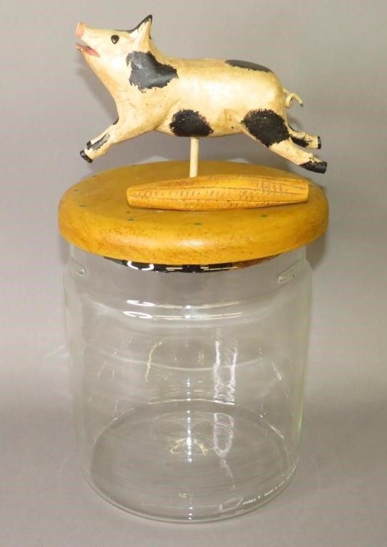 Appraisal: FOLK ART CARVED PIG TOPPED JAR BY WALTER JUNE GOca