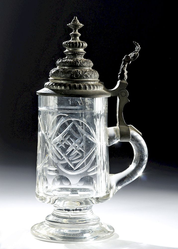 Appraisal: th C German Etched Crystal Stein w Pewter Lid Europe