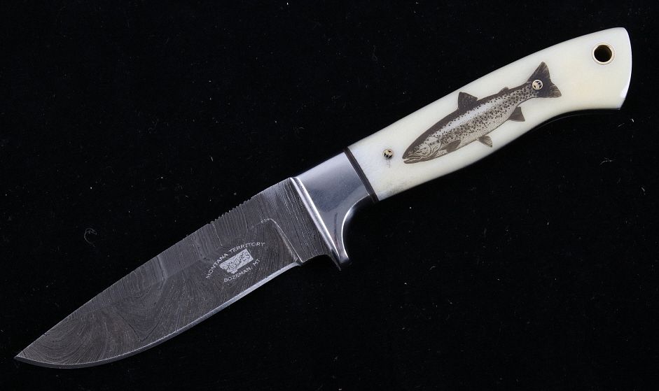 Appraisal: Montana Cutthroat Trout Scrimshaw Damascus Knife This is an original