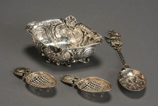 Appraisal: Four Continental Silver Table Articles Consisting of a German navette-form