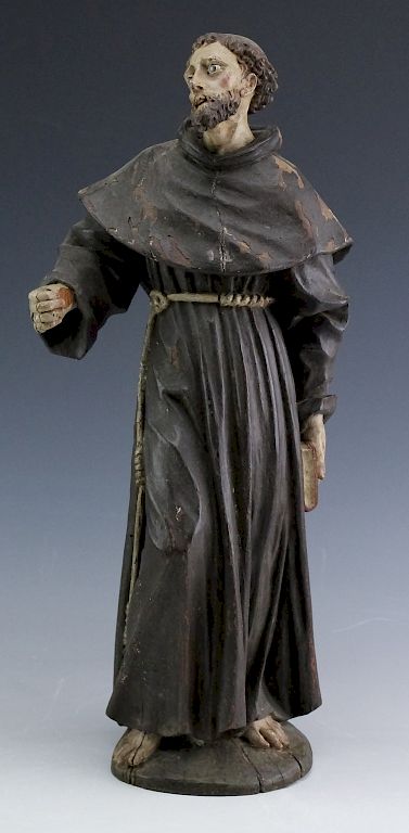 Appraisal: Antique H-Carved Painted Wood Monk Santos Statue Antique hand carved