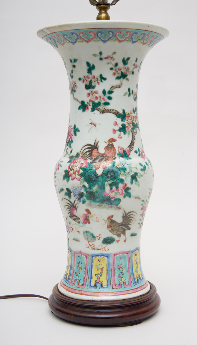 Appraisal: CHINESE EXPORT FAMILLE-ROSE PORCELAIN BALUSTER-FORM VASE MOUNTED AS A LAMP