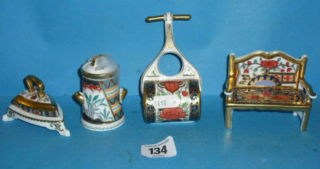 Appraisal: Royal Crown Derby Miniature Garden Bench Garden roller Milk Churn