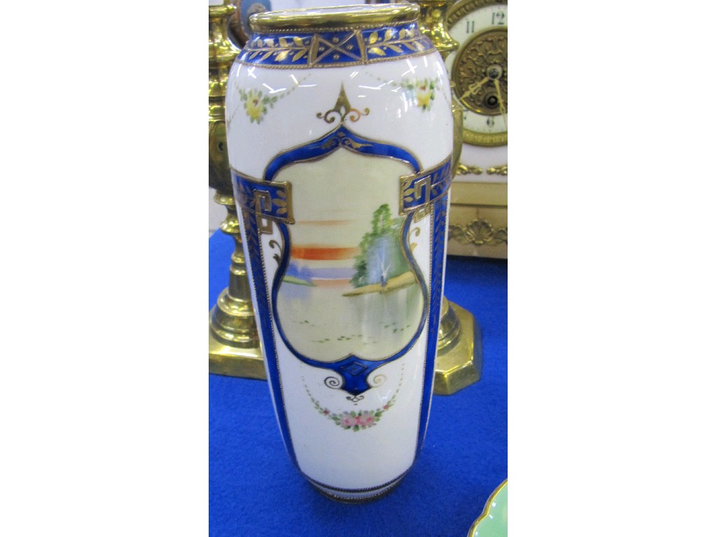 Appraisal: Cylindrical Noritake vase with handpainted lake scenes