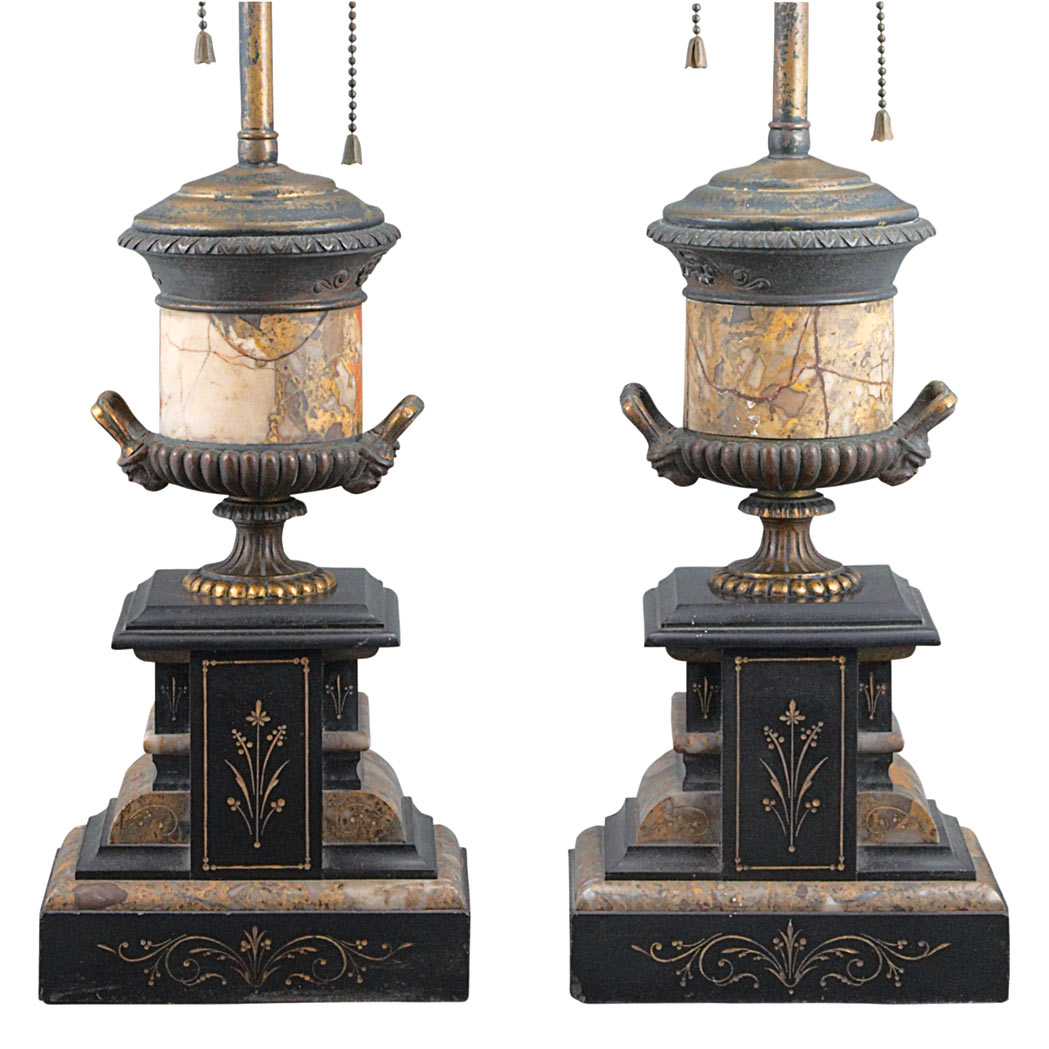 Appraisal: Pair of Neoclassical Style Patinated-Metal and Marble Lamps Height inches