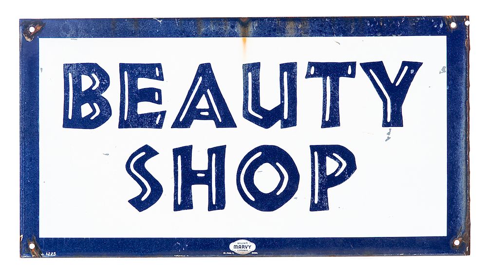 Appraisal: Porcelain Double Sided Marvy Beauty Shop Sign Chipping in porcelain