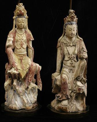 Appraisal: PAIR OF CHINESE CARVED AND PAINTED WOOD FIGURES OF KWAN