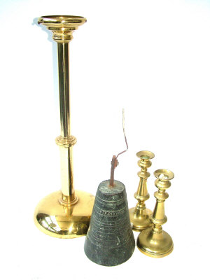 Appraisal: An antique bronze bell with iron fittings a pair of