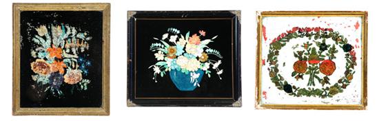 Appraisal: THREE TINSEL PICTURES American late th century Floral bouquet on