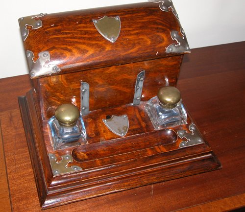 Appraisal: Title Victorian Oak Inkstand with two glass bottles and letter