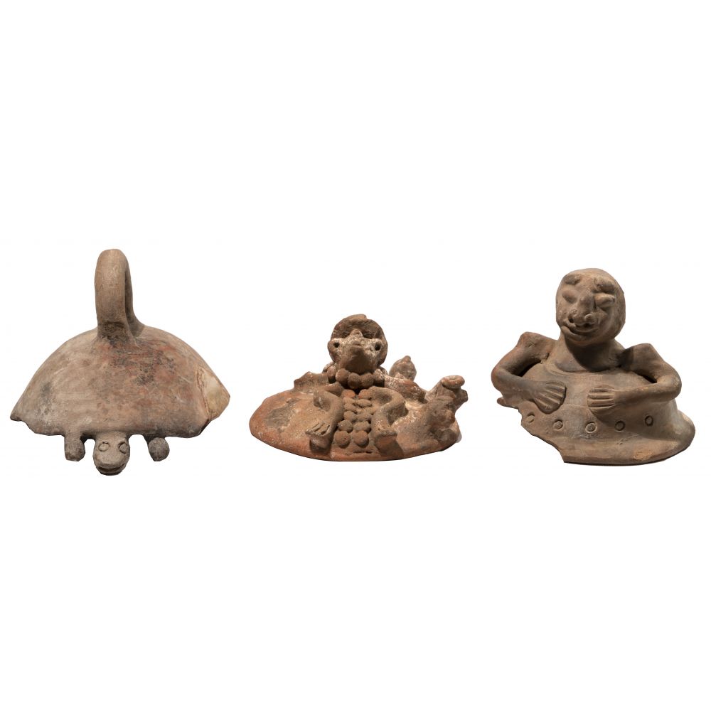 Appraisal: PRE-COLUMBIAN POTTERY CENSER LID ASSORTMENT items including a Colima turtle