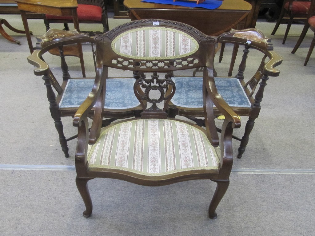 Appraisal: Pair of Edwardian rosewood inlaid corner chairs and an Edwardian