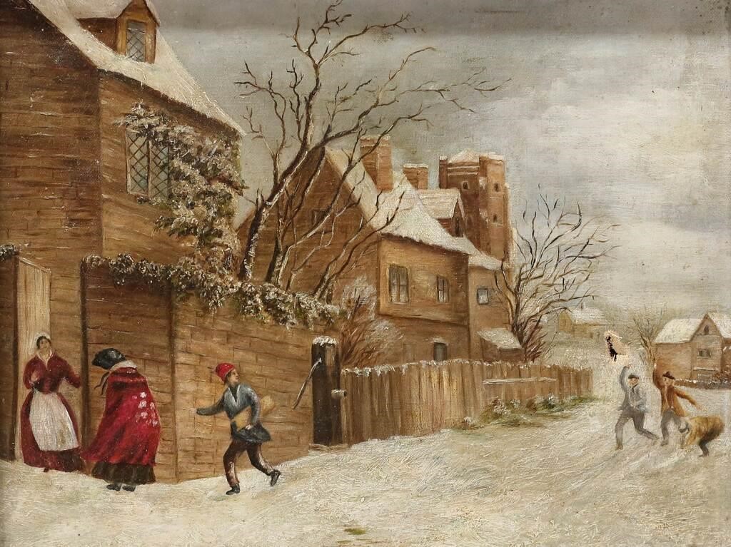 Appraisal: Oil on canvas people in winter landscape Unsigned x with