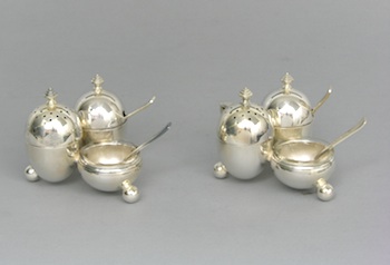 Appraisal: Two Unusual English Silverplate Condiment Sets Two matching silver plated